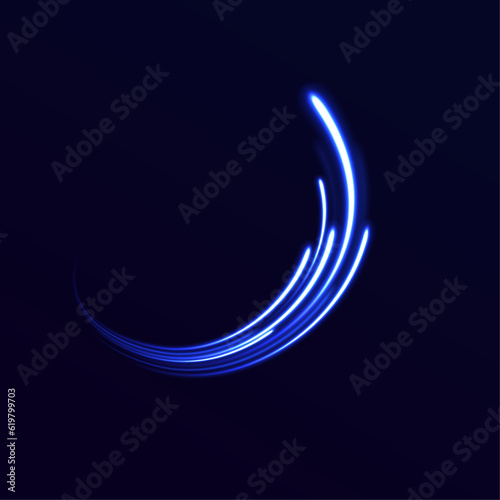 Expressway in long delay, with car lights at night on autobahn. Vector glitter light fire flare trace. Lines in the shape of a comet against a dark background. Illustration of high speed concept. 