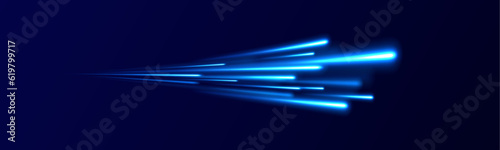 High speed motion blur light effects at night, blue line. Purple glowing wave swirl. Light arc in neon colors, in the form of a turn and a zigzag. 