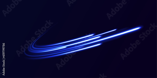Vortex streams of neon light. Lines in the shape of a comet against a dark background. Magic of moving fast lines. Laser beams, horizontal light rays. Vector.	