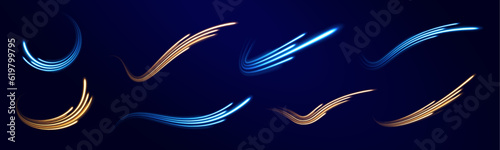 Green, red, pink and blue light or fire of rocket, comet, magic weapon rays isolated on transparent background, Realistic 3d vector set. Abstract fire flare trace lens flares. 