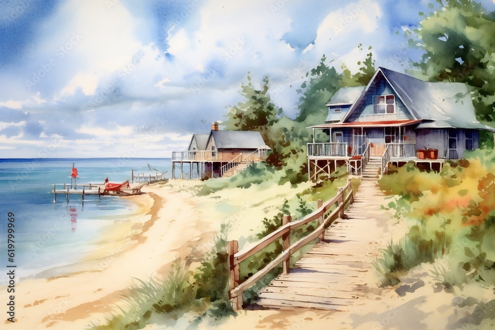 Fototapeta premium Summer watercolor beach. tropical vacation paradise artwork Generative AI