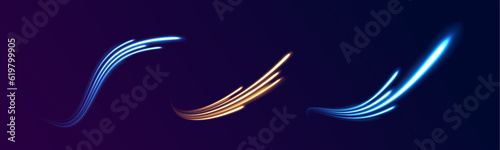 Vortex streams of neon light. Lines in the shape of a comet against a dark background. Magic of moving fast lines. Laser beams, horizontal light rays. Vector.	