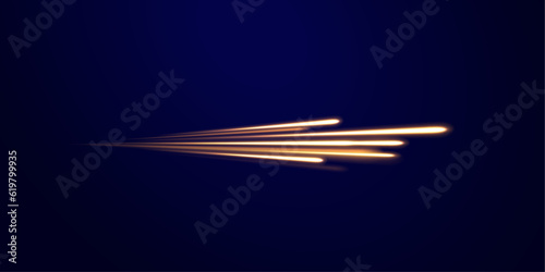Fast speed car. Long yellow and red way effect. City light trails motion background. Illustration of high speed concept. Curved light trail stretched upward.	