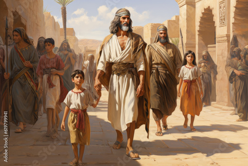 Illustration of Jacob and his family walking in the streets of Egypt Generative AI photo