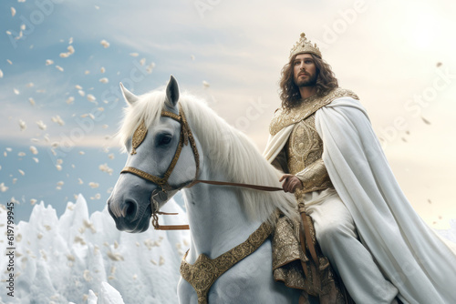 Fotografie, Obraz Jesus Christ with the name of Michael sitting on a white horse Victory over the