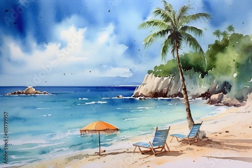 Summer watercolor beach. tropical vacation paradise artwork Generative AI  © LayerAce.com