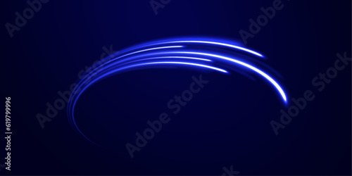 Vortex streams of neon light. Lines in the shape of a comet against a dark background. Magic of moving fast lines. Laser beams, horizontal light rays. Vector.	
