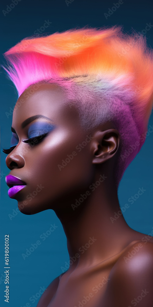 Obraz premium Beautiful black woman with a stylish shaved hairstyle. Generative AI