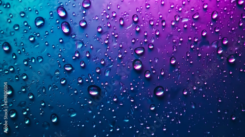 Water drops on a purple surface, generative AI.