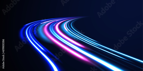 Car motion trails. Speed line motion vector background. Dynamic blue neon sport texture. Abstract neon background with shining wires. 