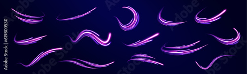 Lines in the shape of a comet against a dark background. Illustration of high speed concept. Curved light trail stretched upward. Vector Illustration.