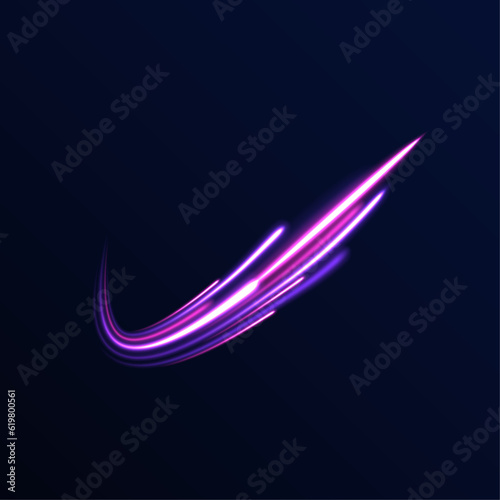 Lines in the shape of a comet against a dark background. Illustration of high speed concept. Curved light trail stretched upward. Vector Illustration.