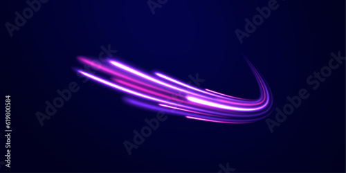 Abstract rotational border lines. Power energy. LED glare tape. Futuristic dynamic motion technology. Neon color glowing lines background, high-speed light trails effect. Purple glowing wave swirl.	