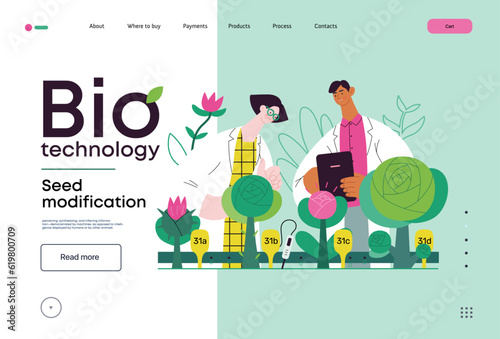 Bio Technology, Seed Modification -modern flat vector concept illustration of scientists analysing genetic modificated variants of a plant. Metaphor of direct impact of GMO on vegetation