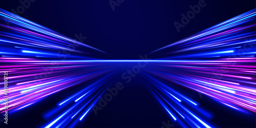 Panoramic high speed technology concept, light abstract background. Abstract neon background with shining wires. 