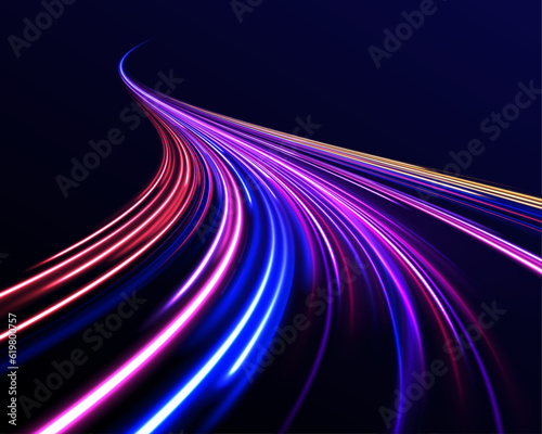 Blurred car light motion effect, city road background with long exposure night lights with dynamic flashlight red and blue colors on black. light trails illustration.