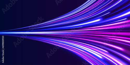 Panoramic high speed technology concept, light abstract background. Abstract neon background with shining wires. 