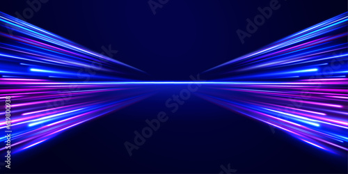 Speed light streaks vector background with blurred fast moving light effect, blue purple colors on black. Glowing street exposure. Blurred motion. Sparkling flow. Vector abstract dynamic dark. 