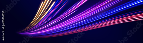Purple glowing wave swirl. Light and stripes moving fast over dark background. Neon color glowing lines background  high-speed light trails effect. 