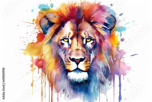 Colorful watercolor drawing of a male lion. Animal illustration. Generative AI