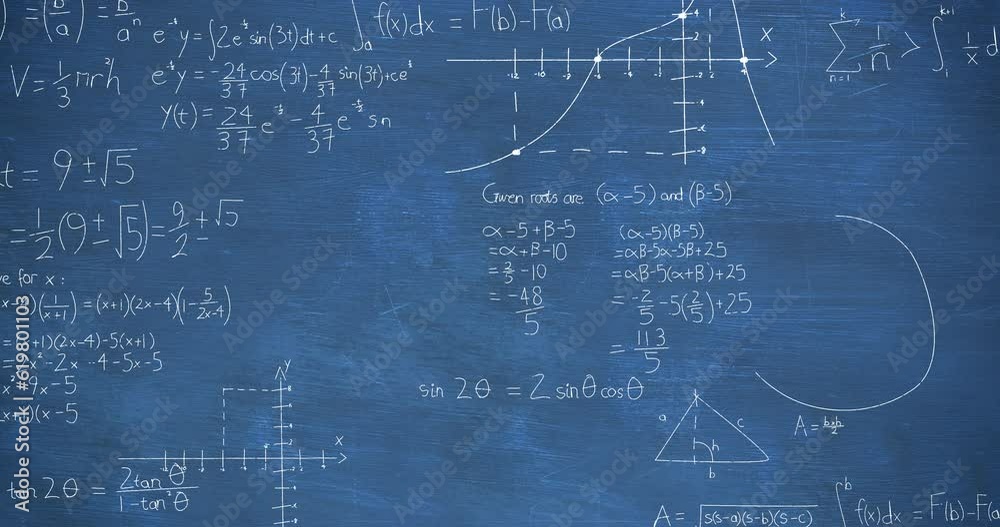Animation of mathematical equations, formulas and diagrams against blue chalkboard background