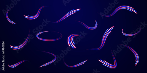 Lines in the shape of a comet against a dark background. Illustration of high speed concept. Curved light trail stretched upward. Vector Illustration.
