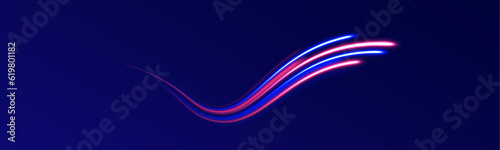 Comet against a dark background. Speed light streaks vector background with blurred fast moving light effect, blue purple colors on black. 