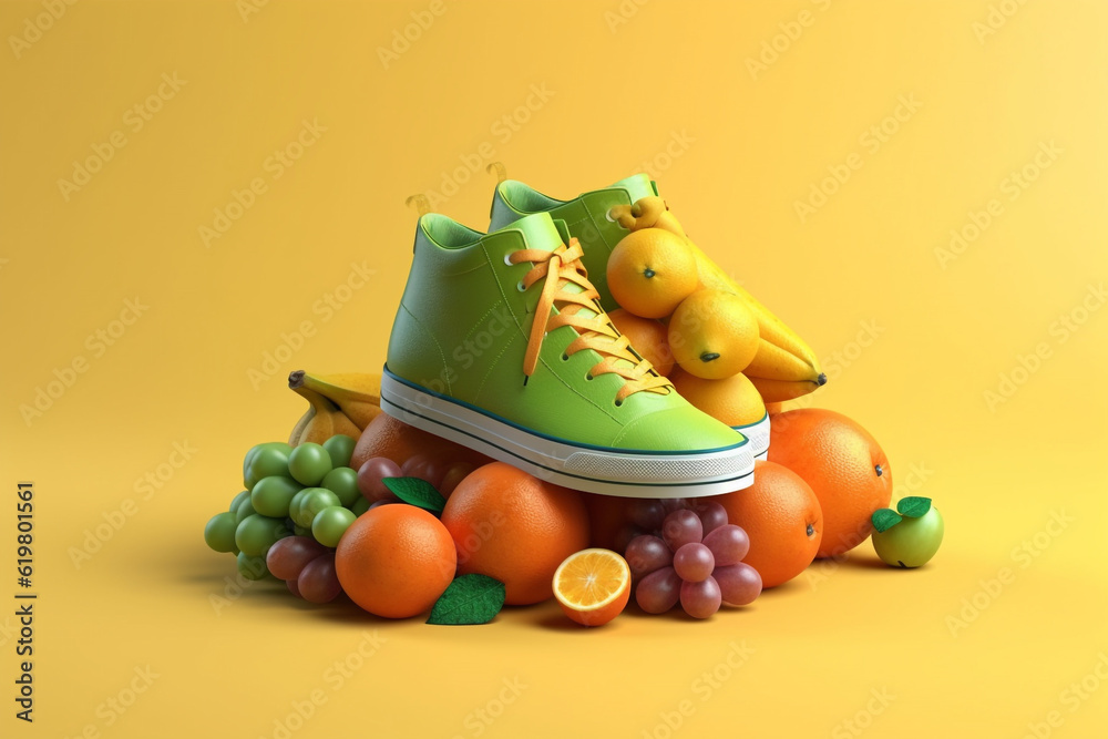 various fruits and a pair of shoes rendering minimal background