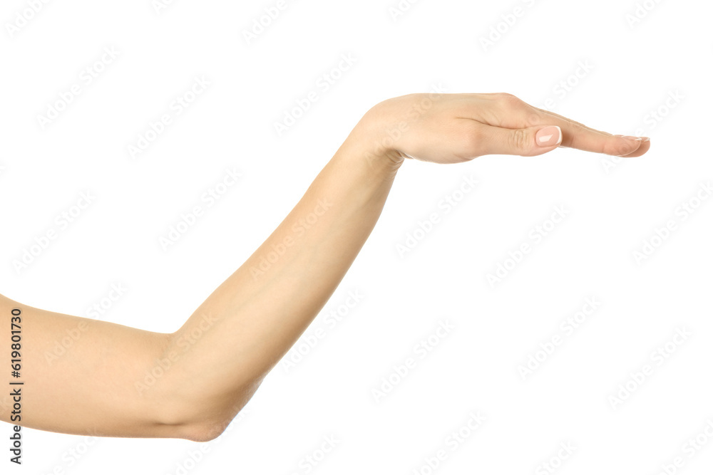 Covering and protection. Woman hand gesturing isolated on white Covering and protection. Woman hand gesturing isolated on white