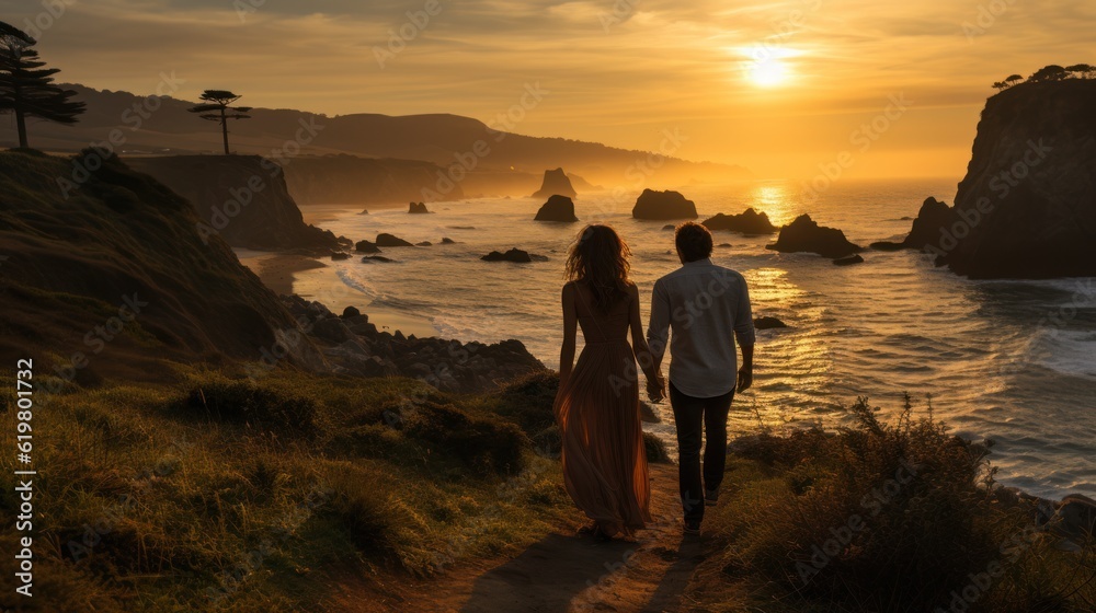 silhouette of a couple walking on the beach at sunset, ai generative silhouette of a couple walking on the beach at sunset, ai generative
