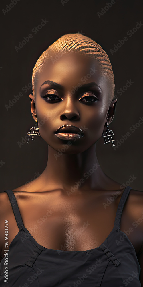 Beautiful black woman with a stylish shaved hairstyle. Generative AI