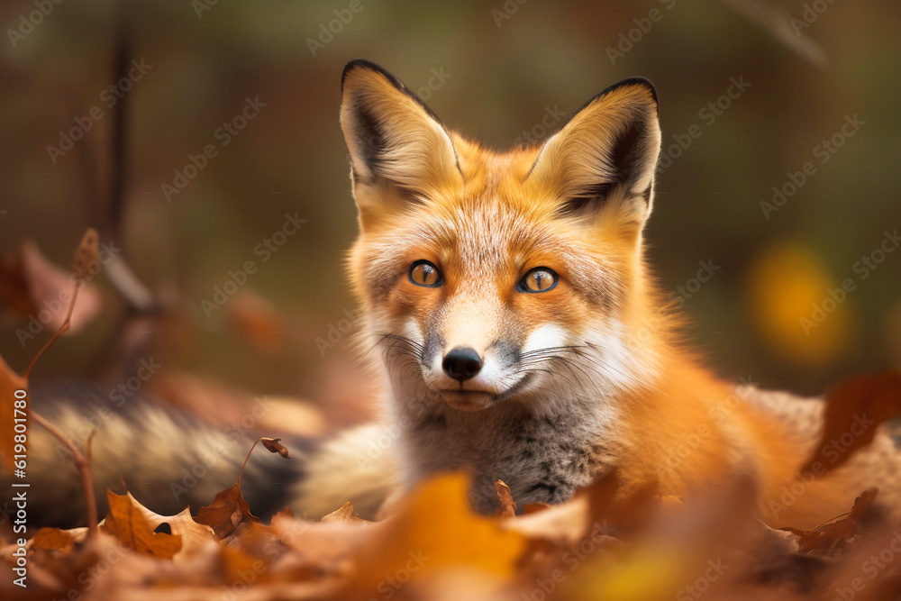 Cute red fox in autumn forest among colorful leaves looking straight into the camera. Wildlife nature environment preservation concept