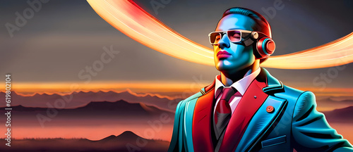 middle aged android man posing with tinted glasses and classy suit, eyes closed, vibrant colors, robotic man, cyborg, glowing lightray, thoughtful, meditation, calm dreamy landscape, retro wave photo