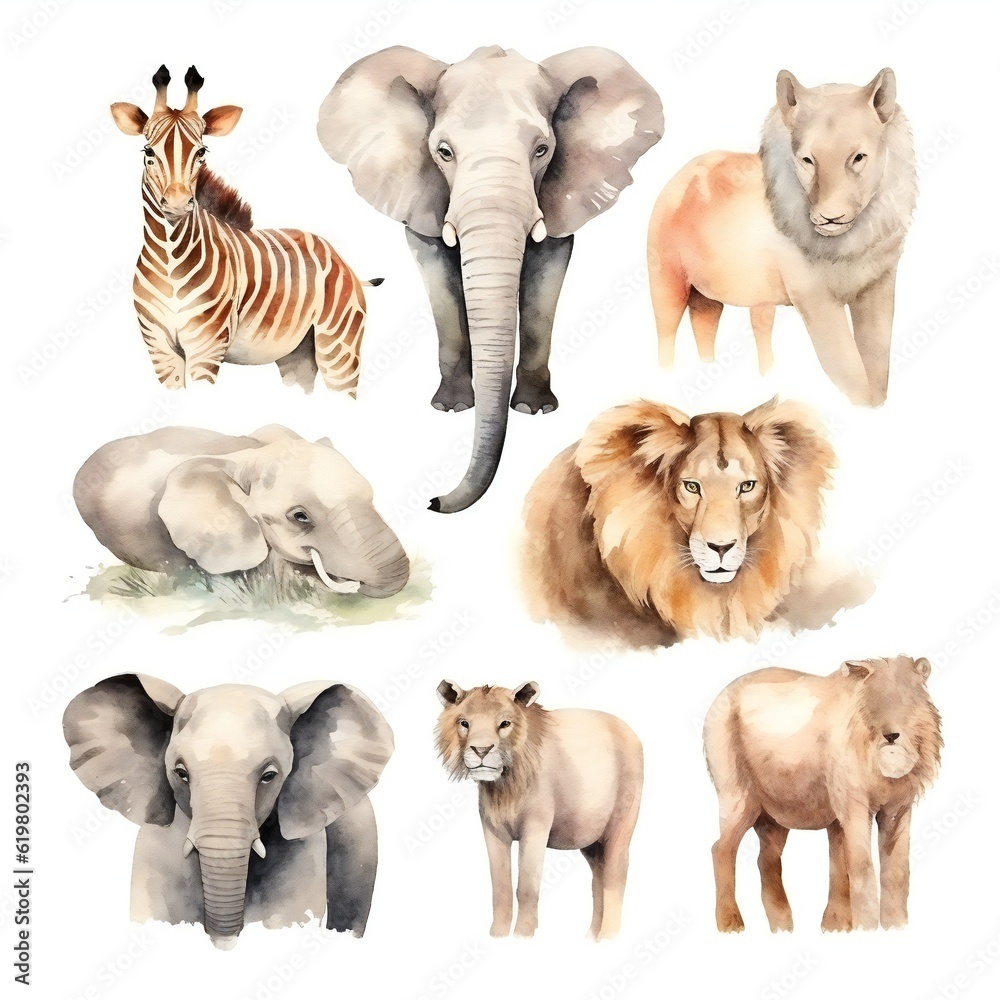 Fototapeta premium Vintage watercolor African Animals clip art set on white background Generative AI 