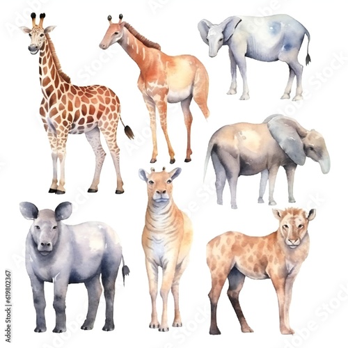 Vintage watercolor African Animals clip art set on white background Generative AI 