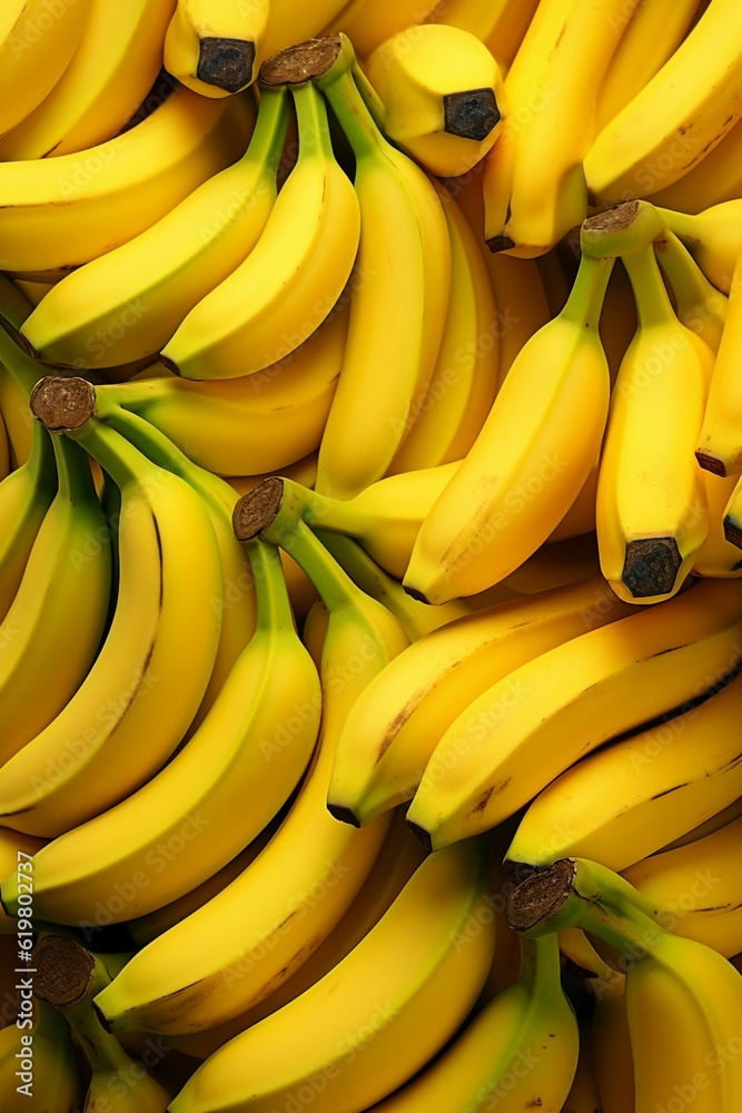 A bunch of yellow bananas in a row, birds view, Generative AI.