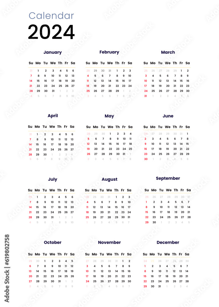 Calendar 2024 template simple minimal calendar, Vector planner 2024 year, Wall calendar 2024 year, Week Starts sunday, Set of 12 calendar, advertisement, printing, stationery, organization office.