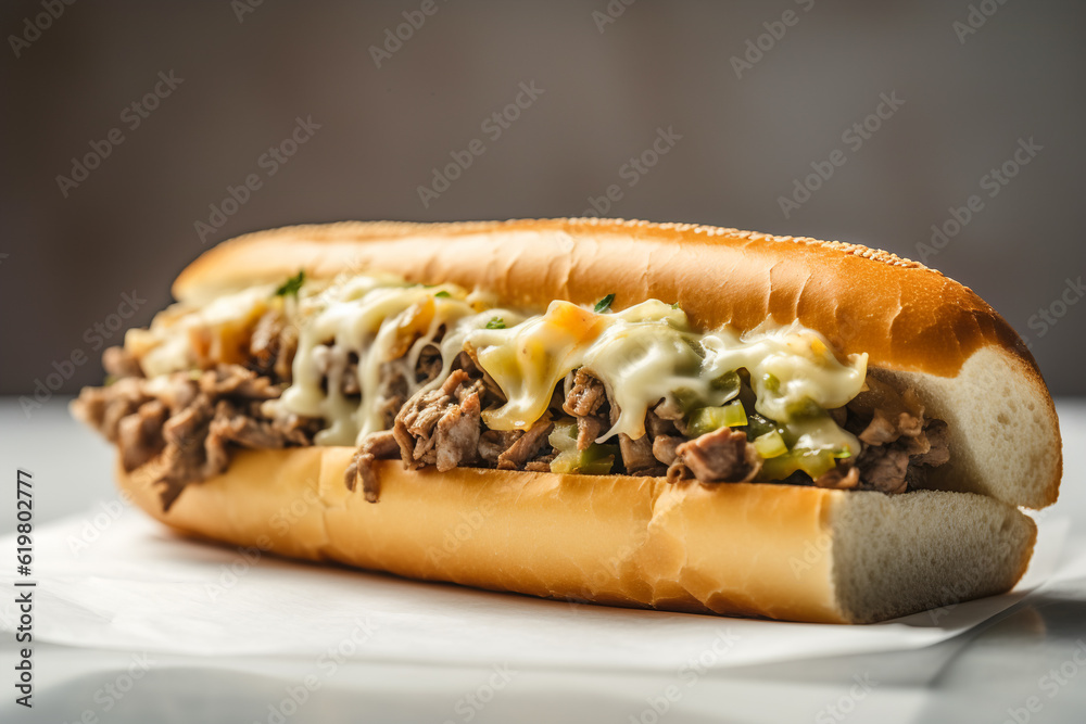 Delicious Philly cheesesteak with chopped ribeye steak with pickles