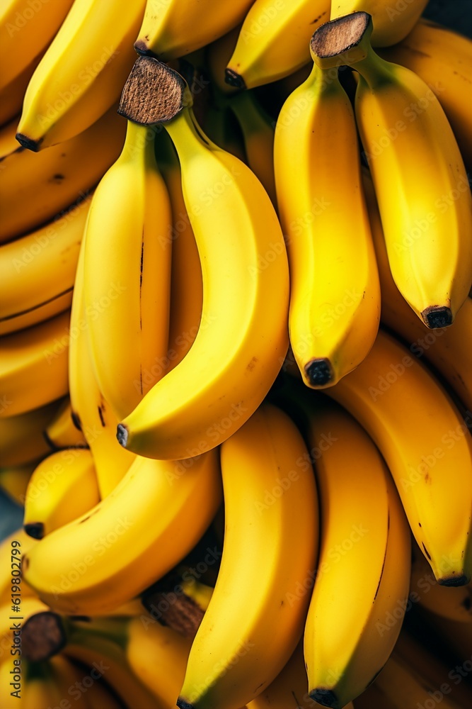 A bunch of bananas with vibrant yellow color and the natural curvature of the fruit, close-up, Generative AI. A bunch of bananas with vibrant yellow color and the natural curvature of the fruit, close-up, Generative AI.