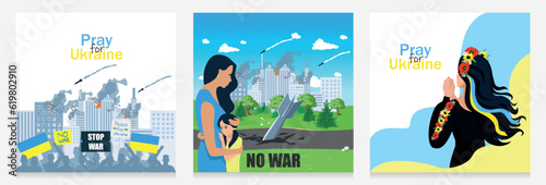 Protest against the war in Ukraine. A beautiful Ukrainian woman folded her hands in prayer. Mom hugs and protects her daughter against the backdrop of a ruined city on fire from bombs and shells. Set 