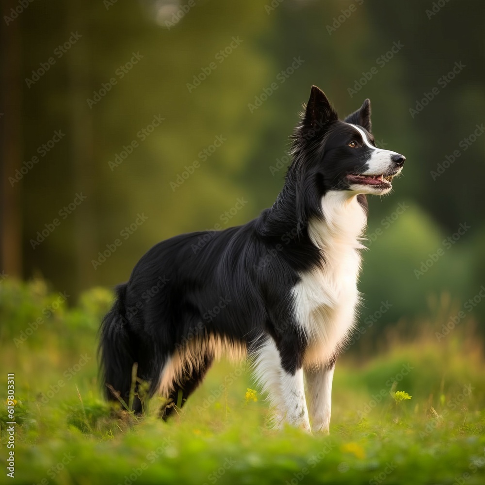 Border Collie standing on the green meadow in summer. Border Collie dog standing on the grass with a summer landscape in the background. AI generated illustration.