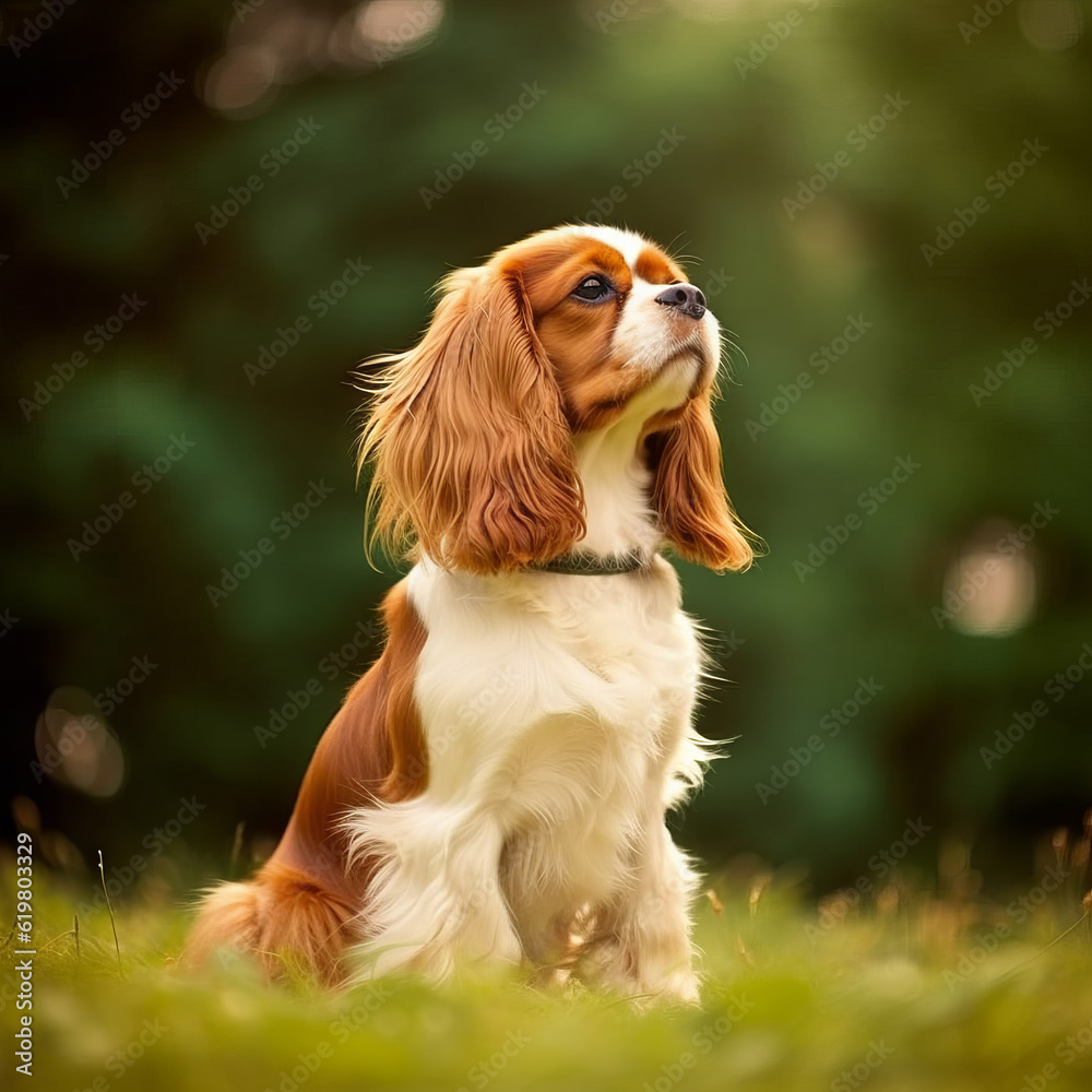 Cavalier King Charles Spaniel sitting on the green meadow in summer. Cavalier King Charles Spaniel dog sitting on the grass with a summer landscape in the background. AI generated illustration.