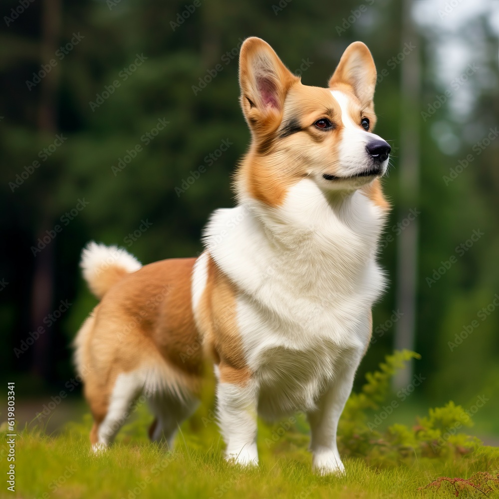 Cardigan Welsh Corgi standing on the green meadow in summer. Cardigan Welsh Corgi dog standing on the grass with a summer landscape in the background. AI generated illustration.