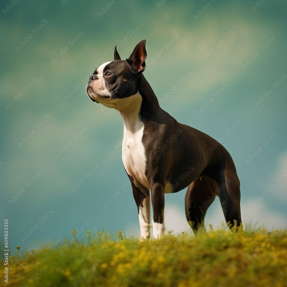Boston Terrier standing on the green meadow in summer. Boston Terrier dog standing on the grass with a summer landscape in the background. AI generated illustration.