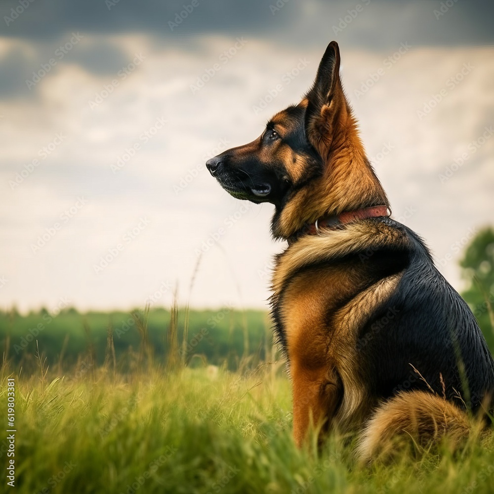 German Shepherd sitting on the green meadow in summer. German Shepherd dog sitting on the grass with a summer landscape in the background. AI generated illustration.