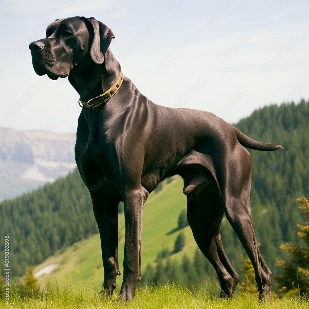 Great Dane standing on the green meadow in summer. Great Dane dog standing on the grass with a summer landscape in the background. AI generated illustration.