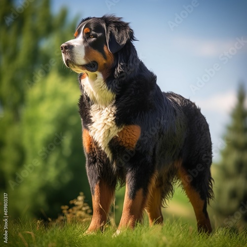 Bernese Mountain Dog standing on the green meadow in summer. Bernese Mountain Dog standing on the grass with a summer landscape in the background. AI generated illustration.