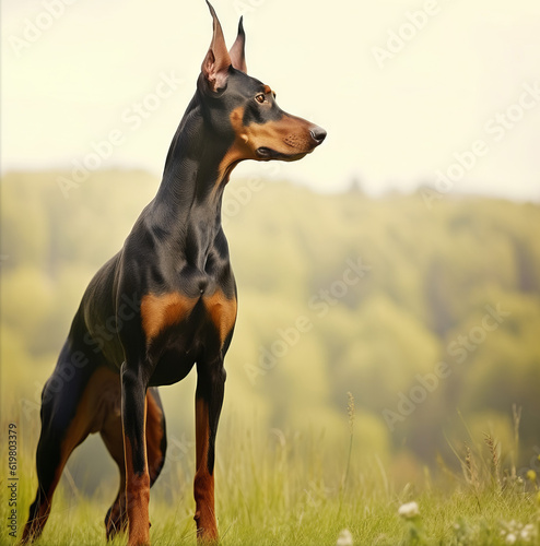 Doberman Pinscher standing on the green meadow in summer. Doberman Pinscher dog standing on the grass with a summer landscape in the background. AI generated illustration.