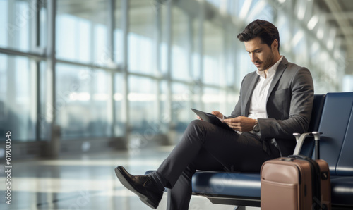 Businessman going on a business trip, waiting to board at airport train station, working on the go, created with generative AI