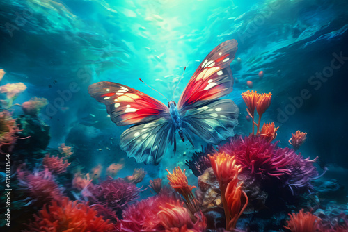Colorful butterfly swimming underwater. Sea flowers fantasy background